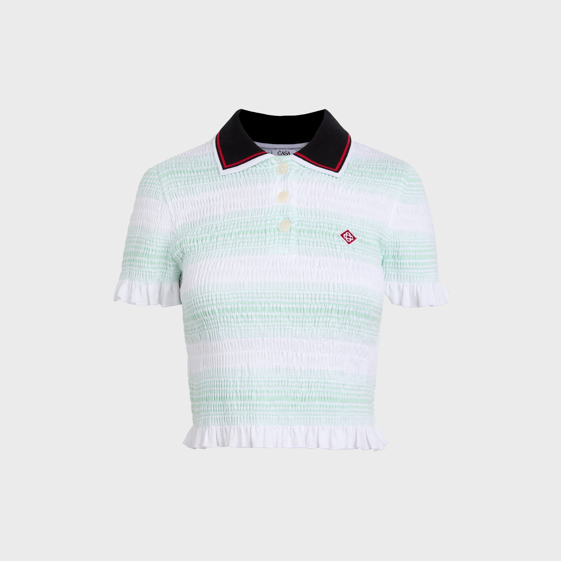 Casablanca Stripe Shirred Polo Top in Jersey Mint