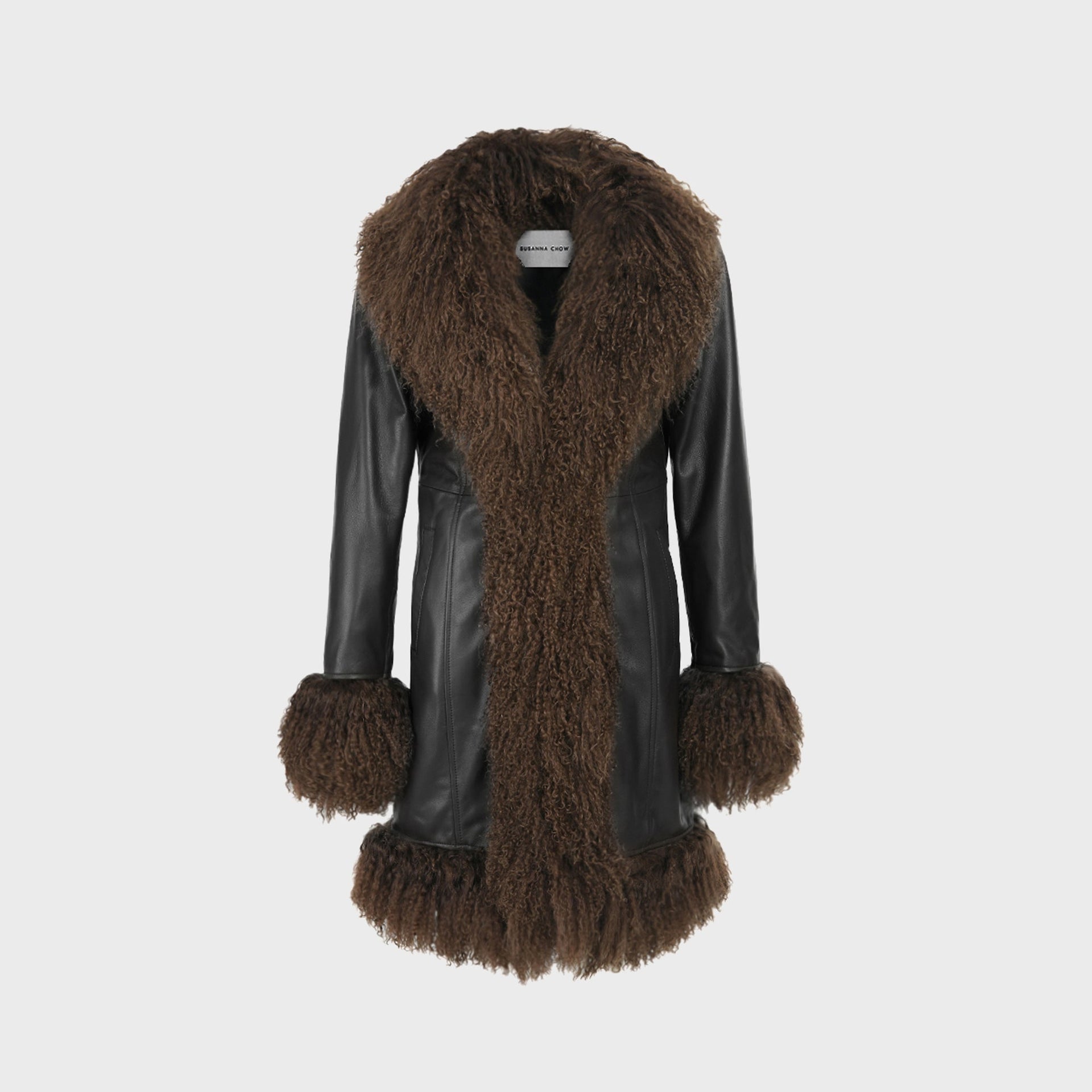 Susanna Chow Dorothy Midi Leather Coat - Black / Brown Trim