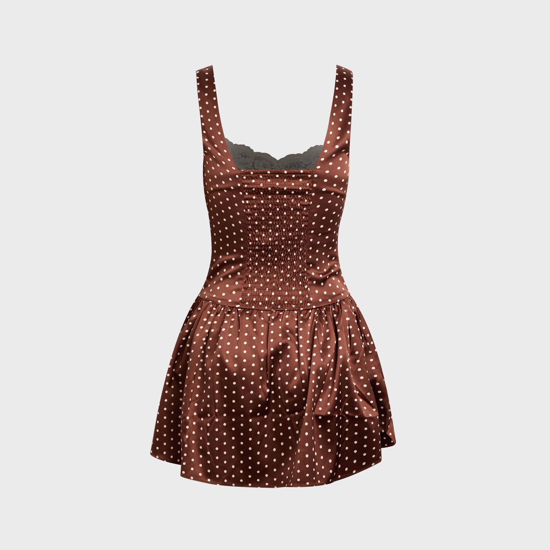 Frankies Bikinis Enchantment Sateen Mini Dress in Chocolate Dot