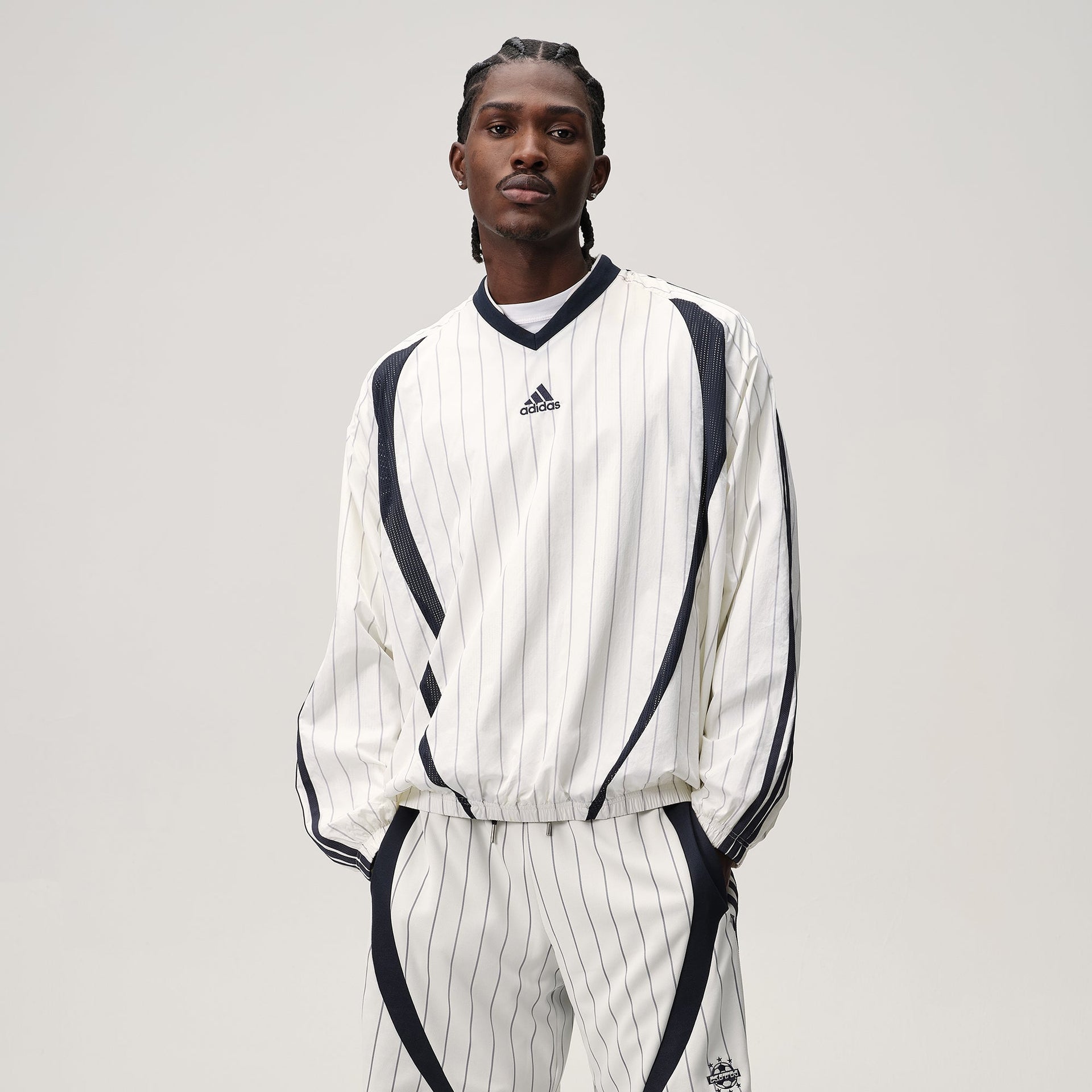 Kith for adidas Football Pinstripe Long Sleeve V-Neck - White