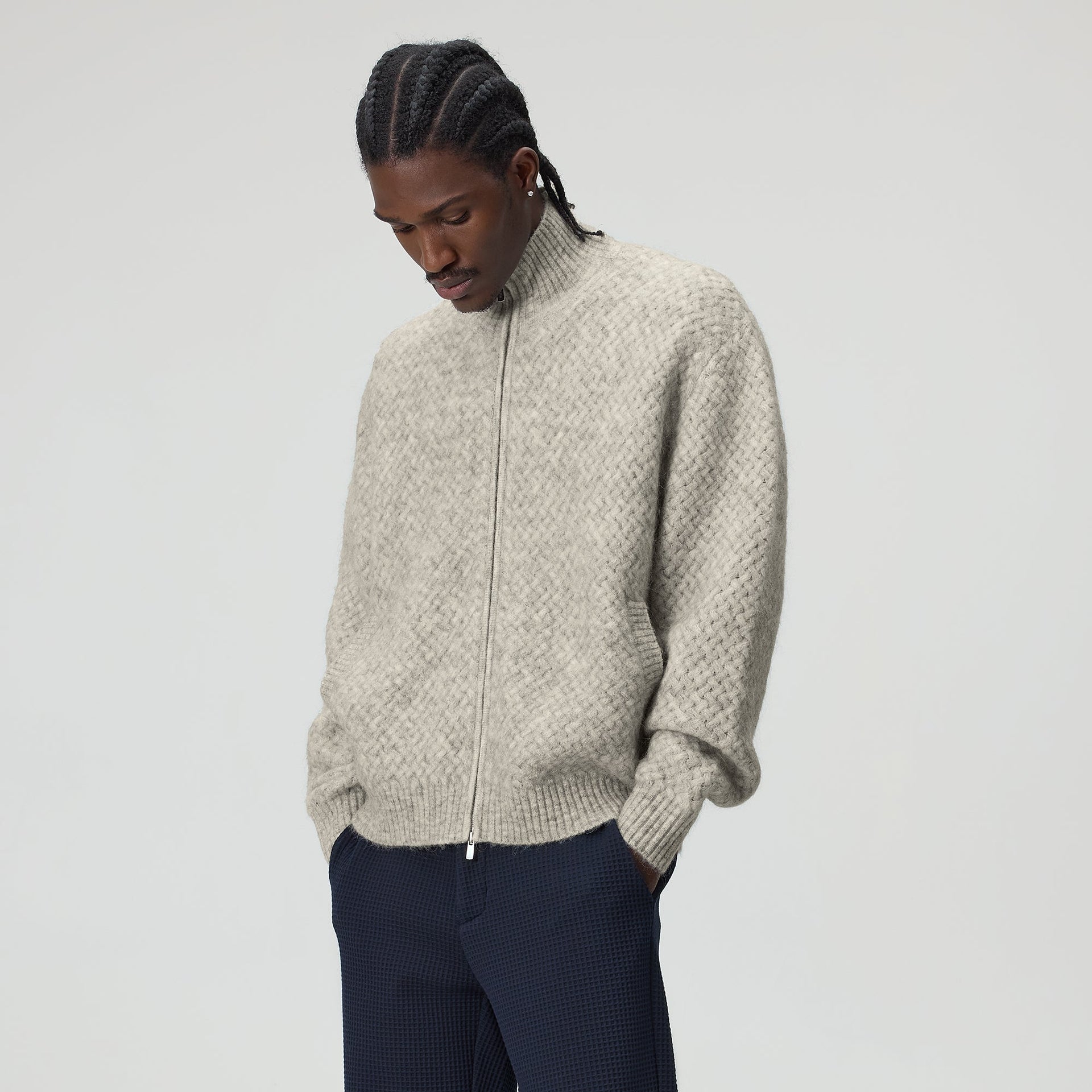 &Kin Basketweave Mohair Wyona Full Zip - Medium Heather Grey