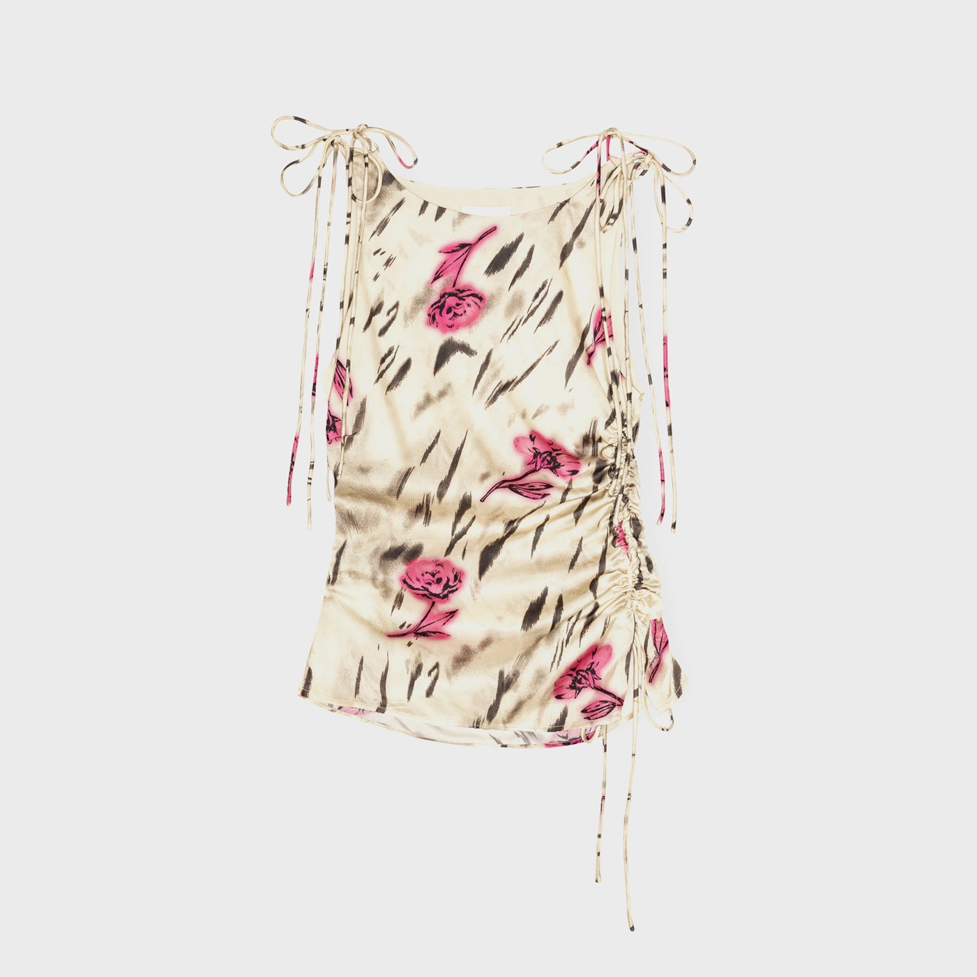 Ganni Printed Stretch Satin Gathered Top - Egret