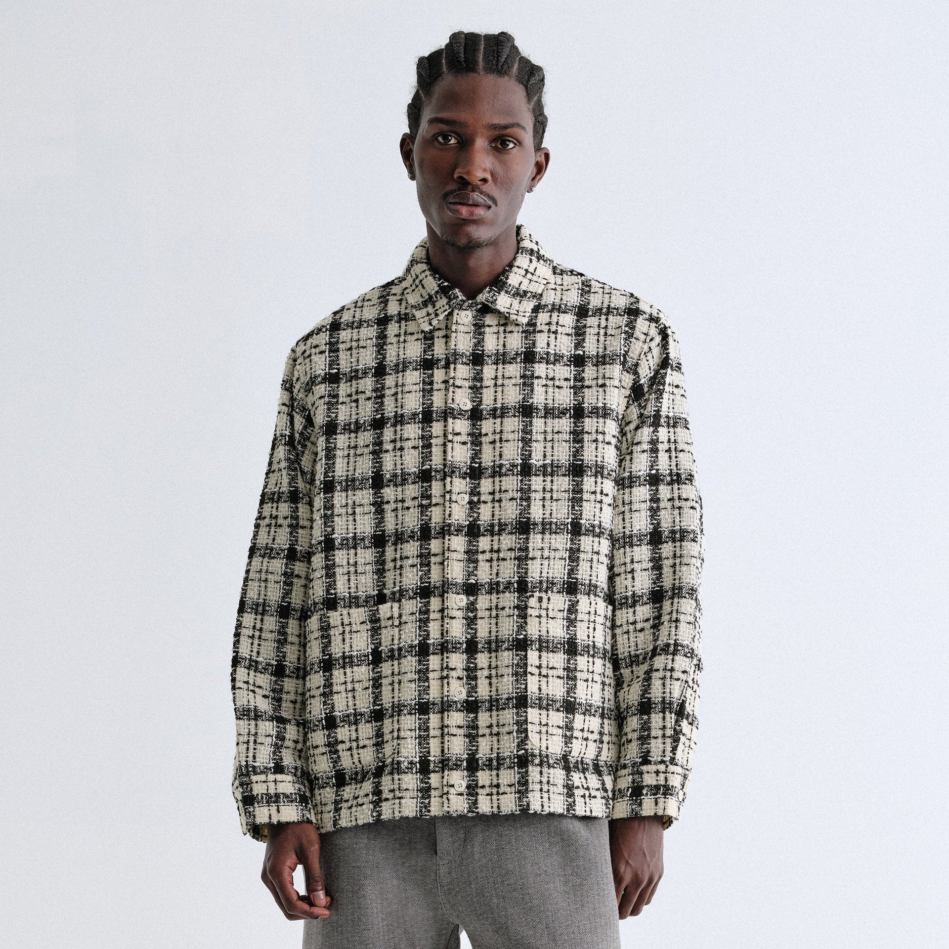 &Kin Windowpane Boucle Long Shirt Boxy Collared Overshirt - Sandrift