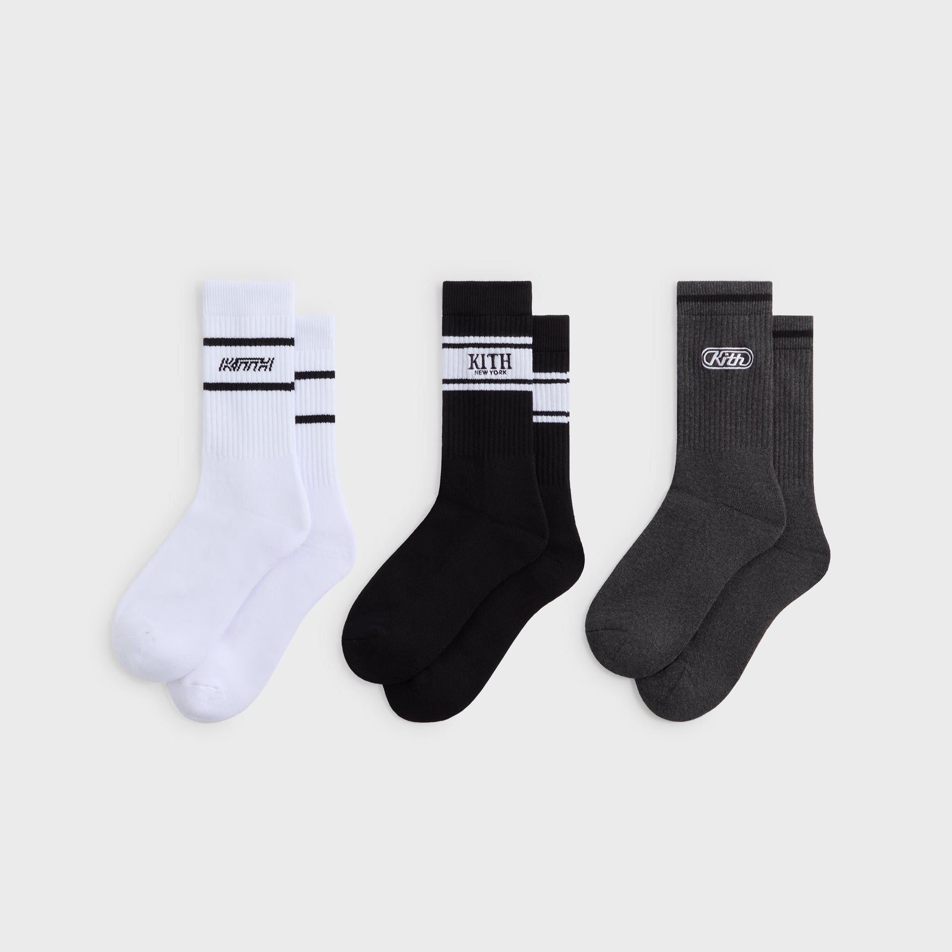 Kith 3-Pack Logo Crew Socks - White / Grey / Black