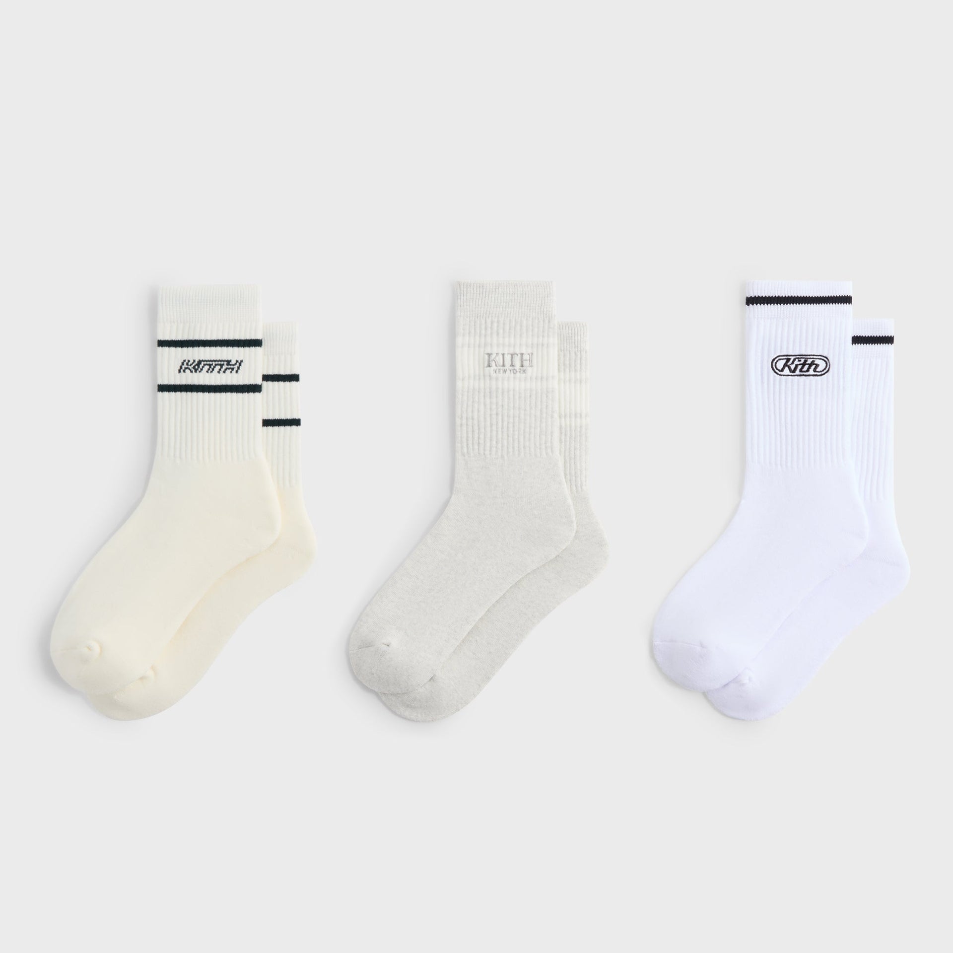 Kith 3-Pack Logo Crew Socks - White / Grey